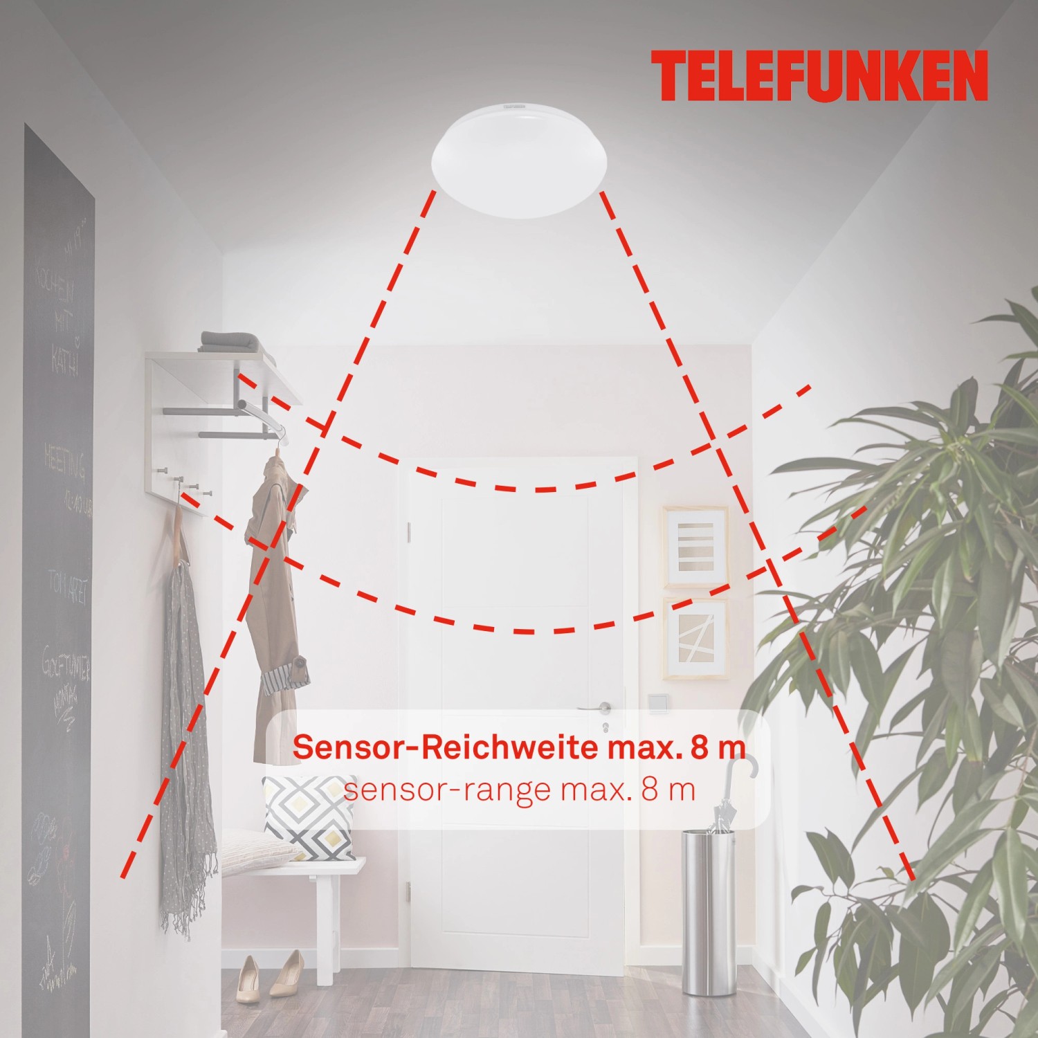 Weiße Telefunken LED-Deckenleuchte Apollon mit Sensor im Flur, Reichweite 8m.