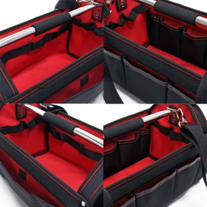 Wiltec Werkzeugtasche L, schwarz-rot, aus Polyestergewebe, mit vielen Fächern, Griff und Schultergurt für Gartenwerkzeuge.