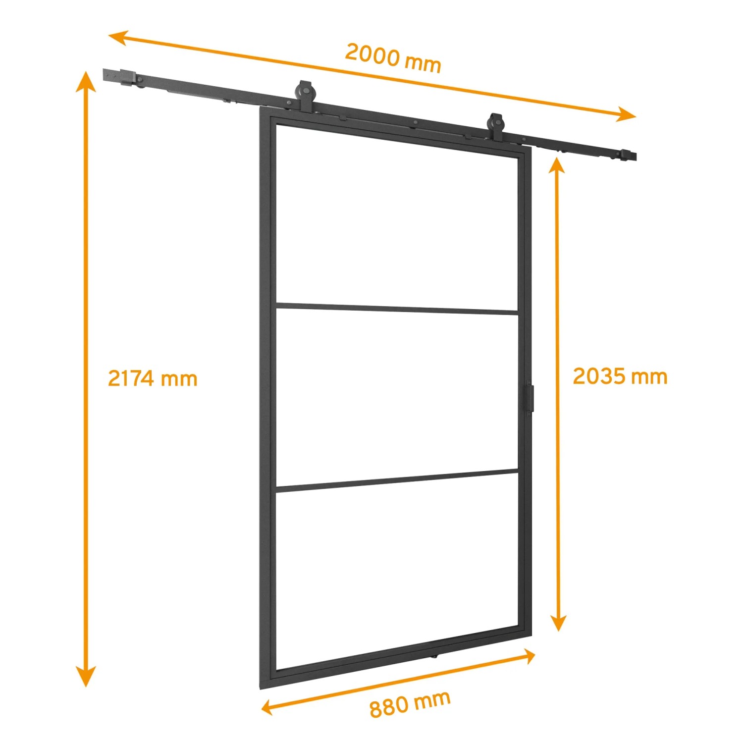 inova Loft Glasschiebetür, 880x2035mm, 3 Felder, Stahl schwarz, mit Softclose. Komplettset mit Maßen.