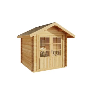 Naturbelassenes Alpholz Gartenhaus Set Palma mit Doppeltür, Dacheindeckung und Fußboden.