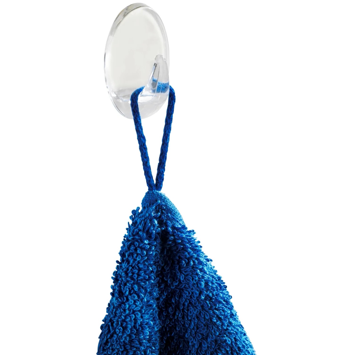 Wenko Zwerghaken 6er-Set, transparente Handtuchhalter mit blauem Handtuch.