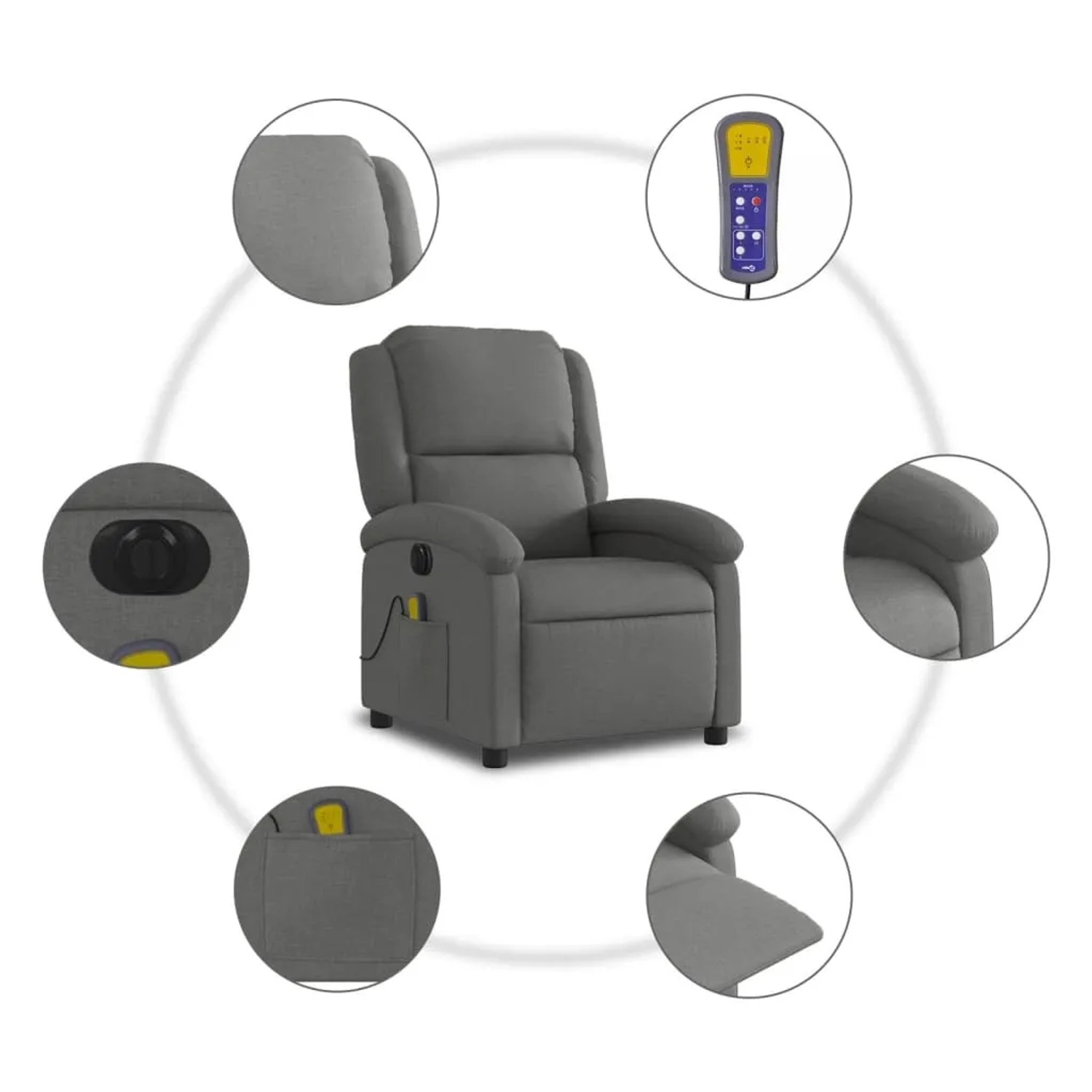 Dunkelgrauer vidaXL Massagesessel Elektrisch Modell 7 aus Samt mit Fernbedienung und Details.