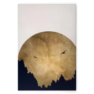 Leinwandbild mit Mond, Wald und Vögeln in Gold, Schwarz und Weiß, 60x90 cm. Wanddeko für Schlafzimmer.