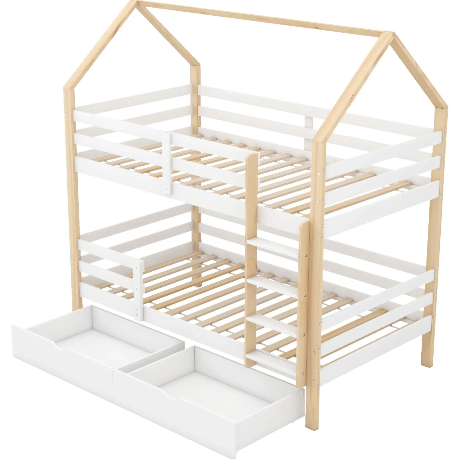 KOMHTOM Doppelbett 90x200Cm Kinderbett In Hausfürm Mit Schubladen Kiefernholz Haus Bett für Kids Weiß+Holzfarbe Ohne Matratze