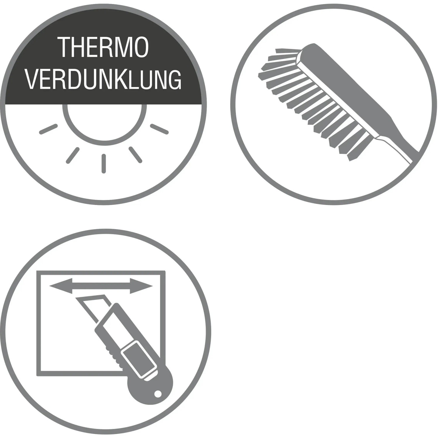 Piktogramme für Gardinia Plissee Concept Thermo: Verdunklung, Reinigung, Zuschneiden.