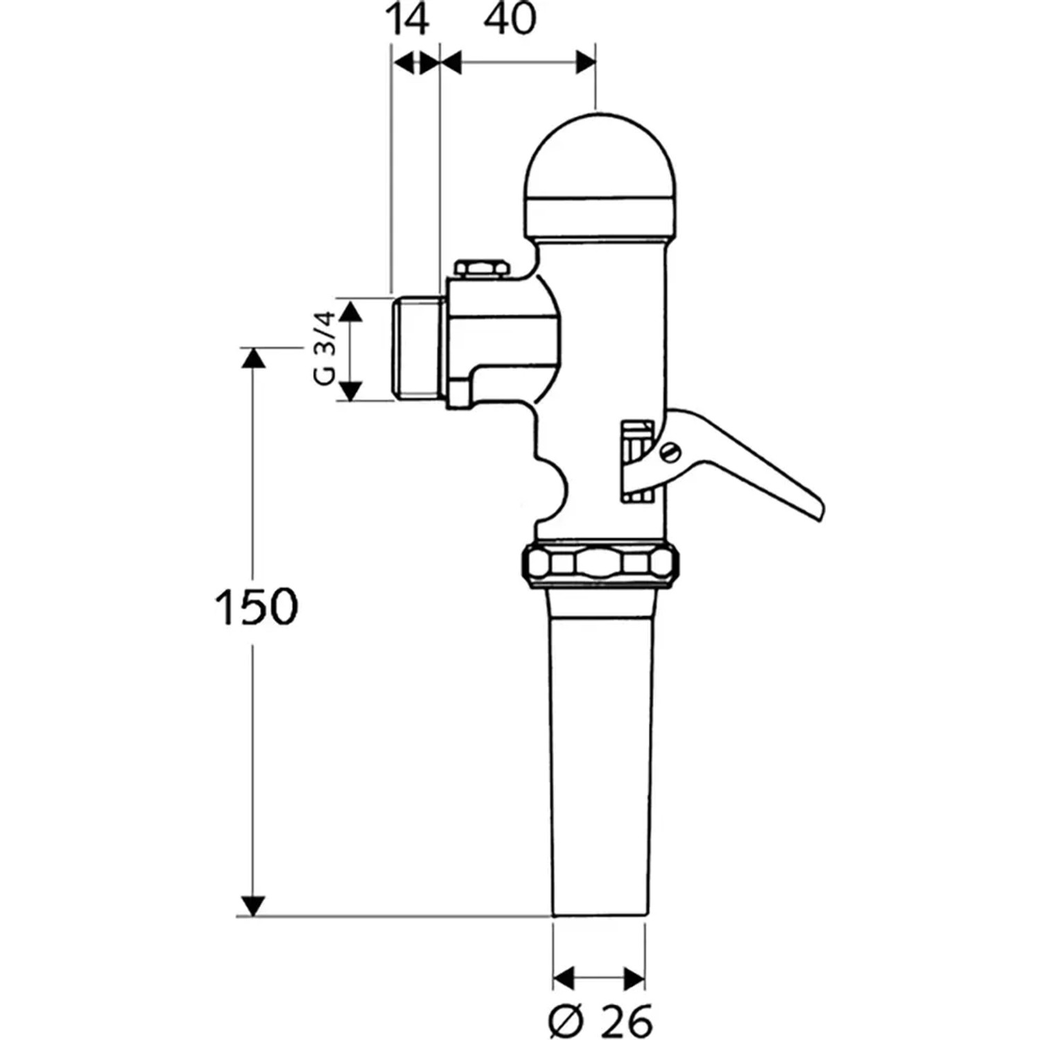 Schell WC-Druckspüler Schellet, Chrom, mit Hebel und Maßen. Für WC-Anschluss.