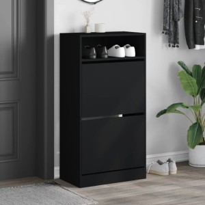 Schwarzer vidaXL Schuhschrank (60x34x116 cm) aus Holzwerkstoff mit zwei Klappen und einer Ablage.