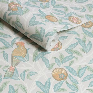 William Morris Vliestapete Bird & Pomegranate mit Vögeln, Blättern und Granatäpfeln.
