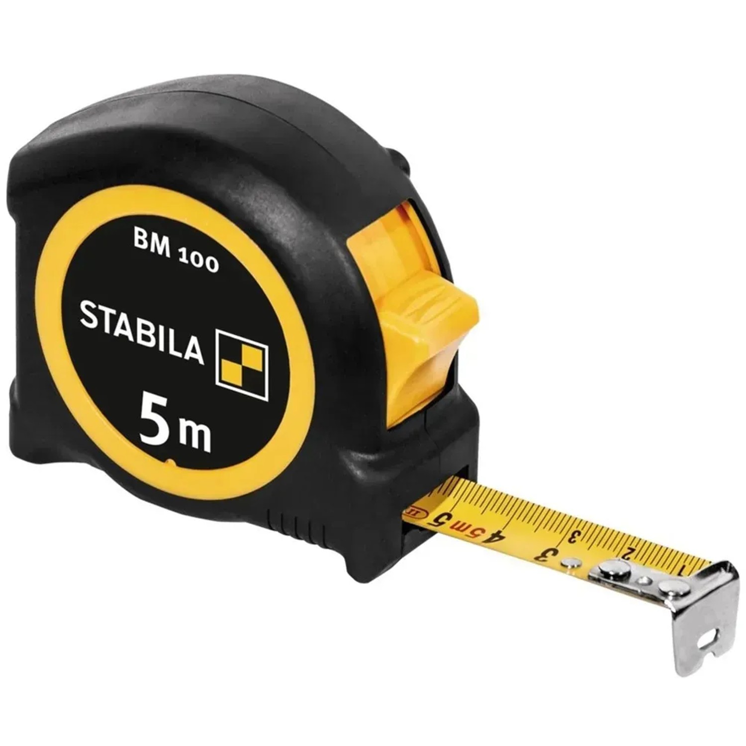 Stabila Taschenbandmaß 5 m, metrische Skala, schwarzes Gehäuse mit gelben Akzenten.