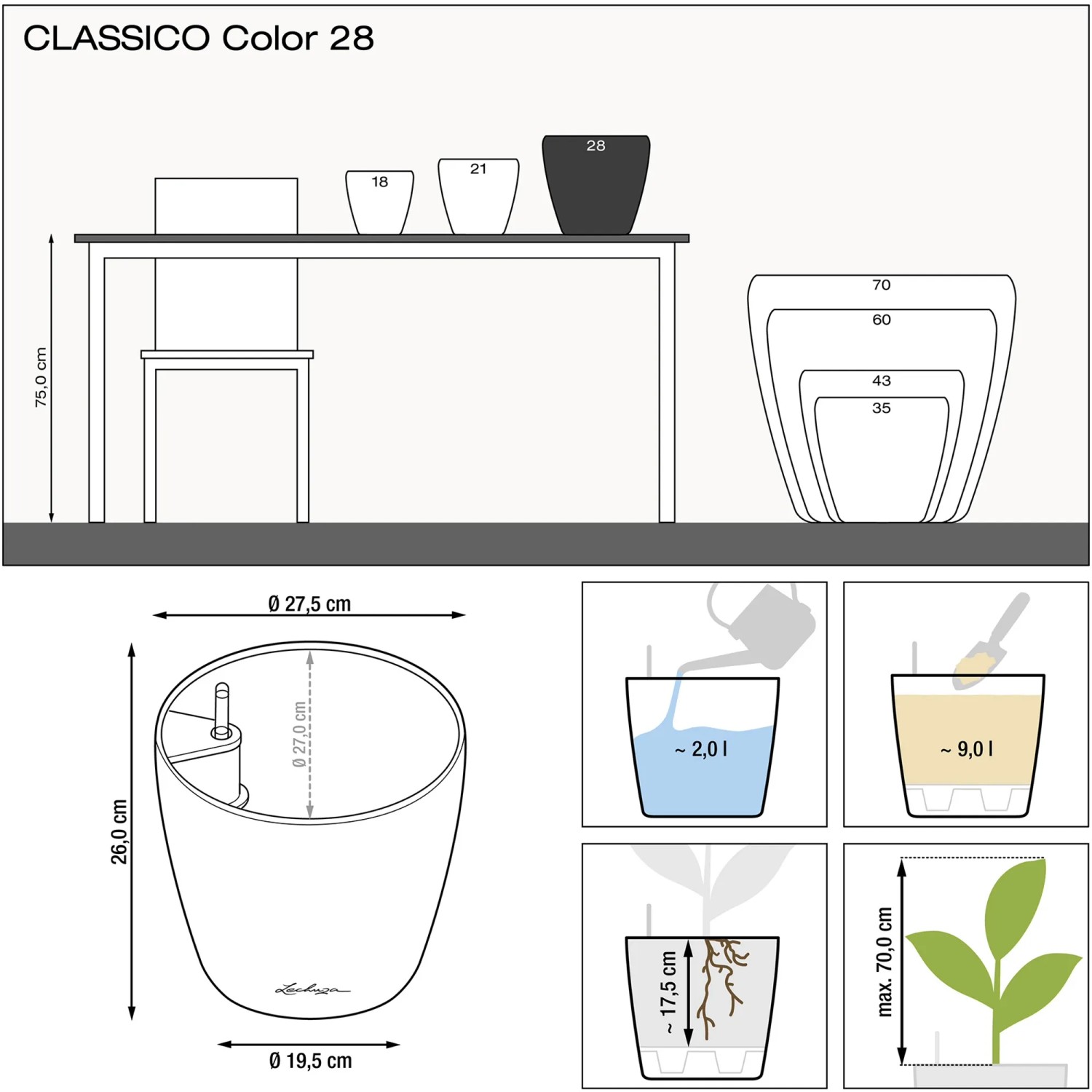 Skizze: Lechuza Classico Color 28, weißer Blumentopf mit Maßen und Füllmengen.