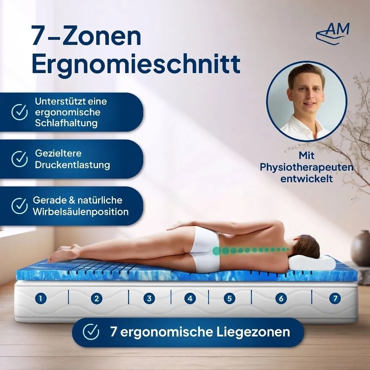 AM 7-Zonen Gel Topper Matratze 90x200 cm mit Liegezonen für ergonomischen Schlaf.