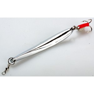 Westline Angelhaken Berg Pilk, 150g, silberfarben, mit Drilling und rotem Detail.