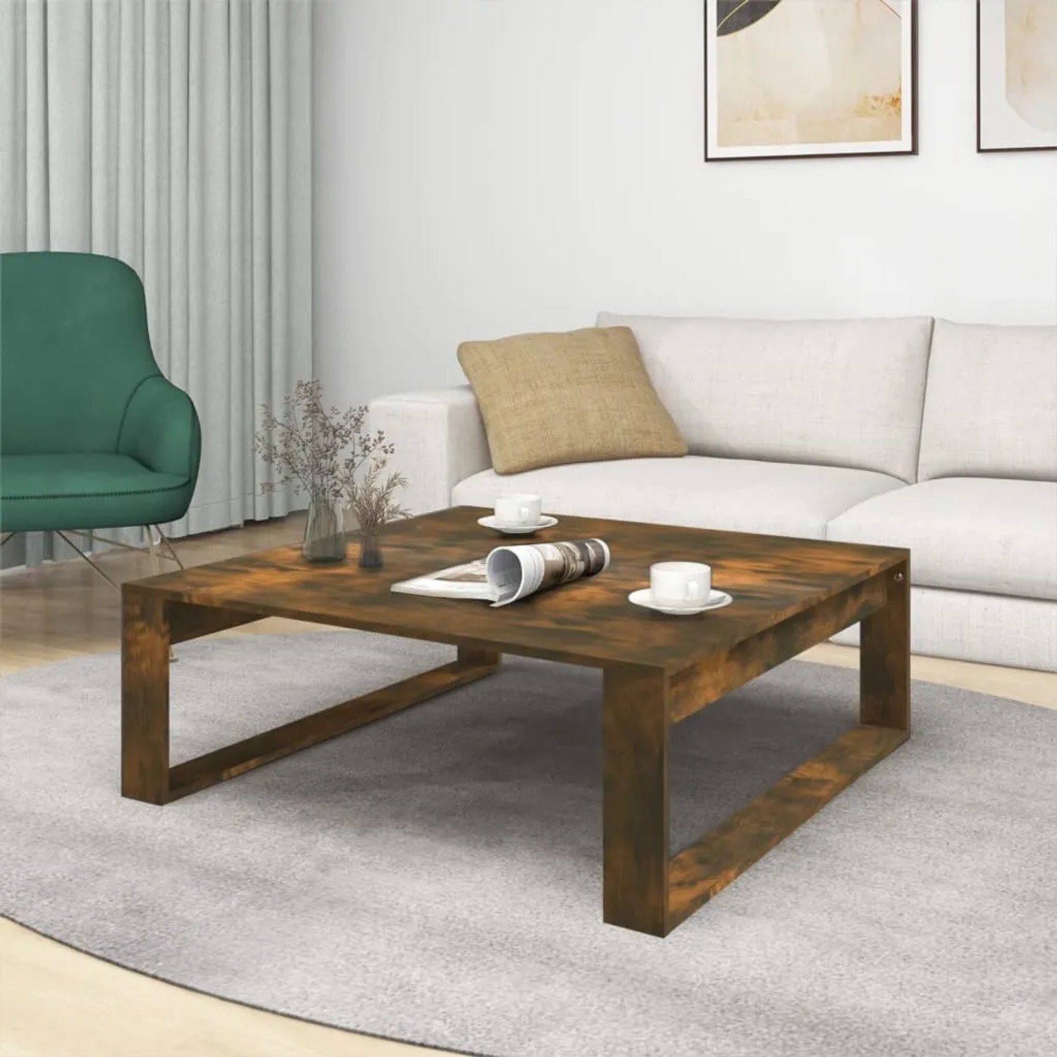 Quadratischer Couchtisch in Räuchereiche Optik, 100x100 cm, aus Holzwerkstoff für Wohnzimmer.