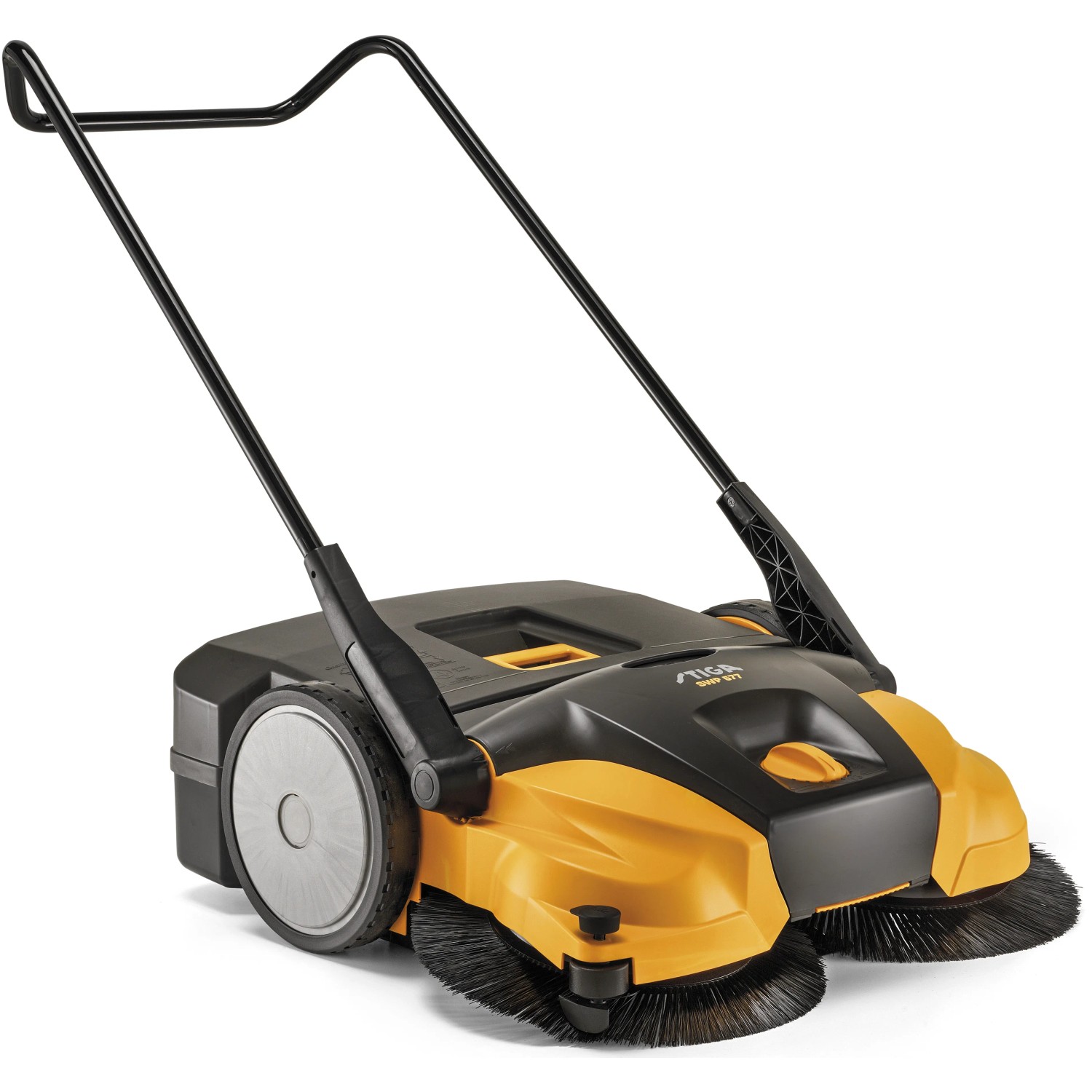 Stiga Kehrmaschine SWP 577 mit 77 cm Reinigungsbreite in Schwarz und Gelb.