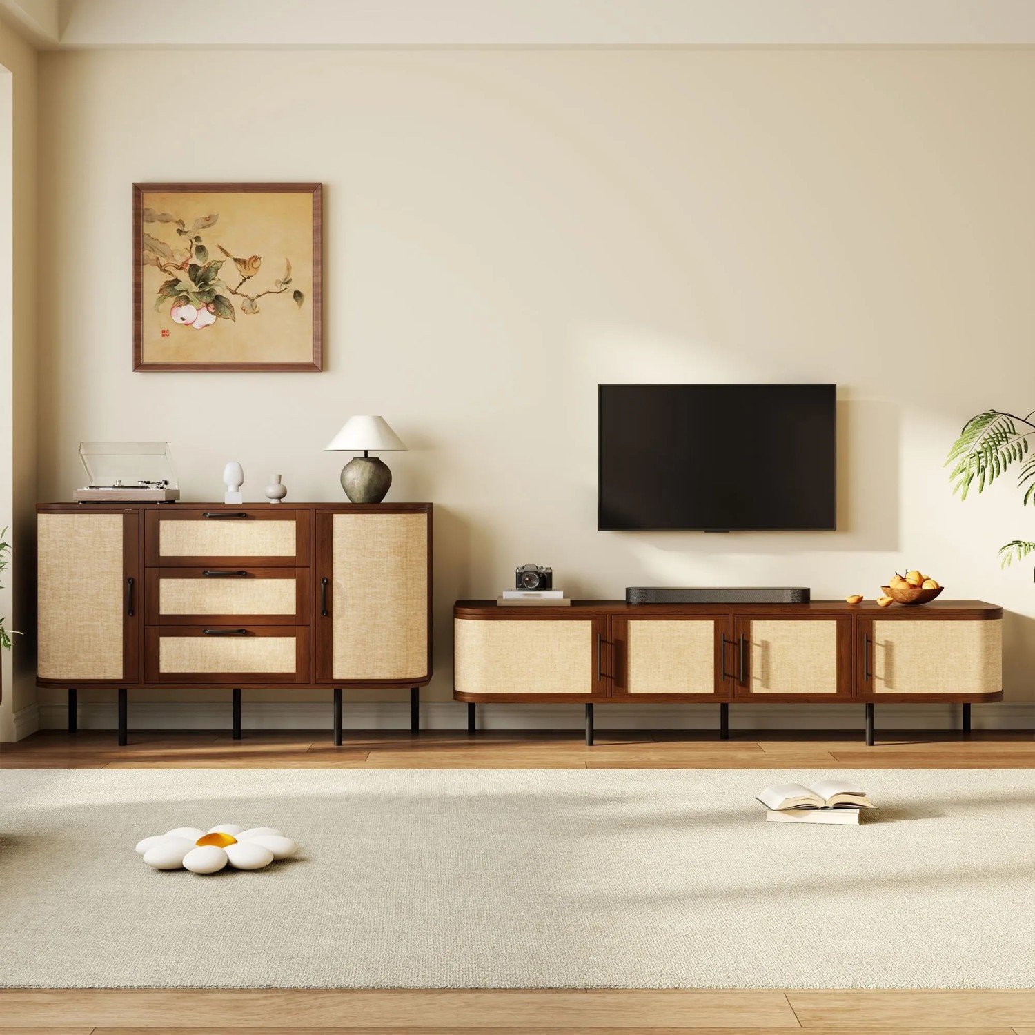 Merax Wohnwand Set TV Lowboard Sideboard Geflechtfront Wohnzimmer