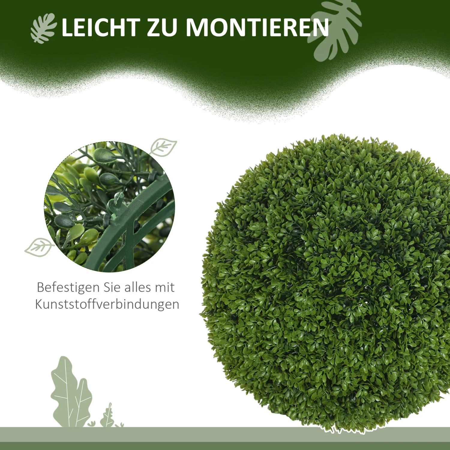 Grüne künstliche Buchsbaumkugel aus Kunststoff, Detail der einfachen Montage mit Verbindungen. Ø40 cm.