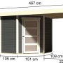 Karibu Holz-Gartenhaus Linköbing, terragrau, mit Flachdach und Maßangaben.