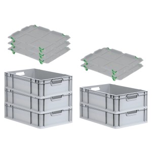 PROREGAL SuperSparSet: 5 graue Euroboxen mit Deckel und grünen Schnappverschlüssen.