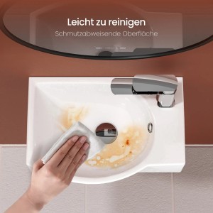 Emke Wandwaschbecken hochweiß, rechteckig, Reinigung mit Tuch. Keramikwaschbecken mit Armatur.