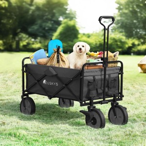 Schwarzer Juskys Bollerwagen mit Hund, Gepäck und Getränkehalter für Camping & Ausflüge.