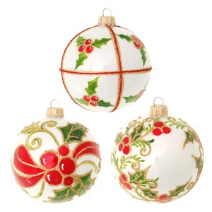 Krebs Glas Lauscha Weihnachtskugeln Ilex, 3er Set, 8cm, mit Ilex Dekor in Rot, Grün und Gold.
