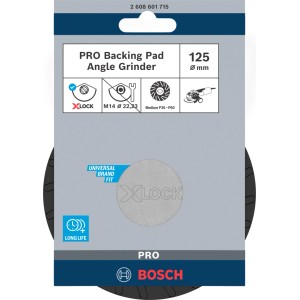 Bosch X-Lock Stützteller 125 mm, mittelhart, für Winkelschleifer. Graue Verpackung mit Produktinfos, schwarzer Teller sichtbar.