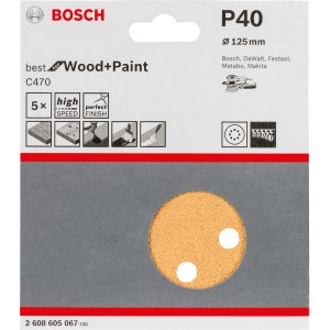 Bosch Schleifblatt Pro, 125mm, Korn 40, 5er-Pack für Exzenterschleifer.
