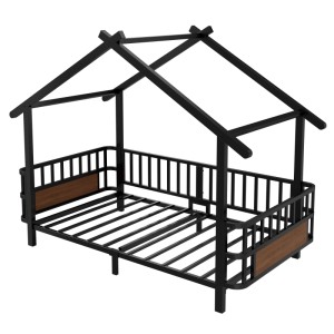 Schwarzes Metall Hausbett 90x200 cm mit Sicherheitsgitter und Dachkonstruktion. Ideal als Kinderbett.