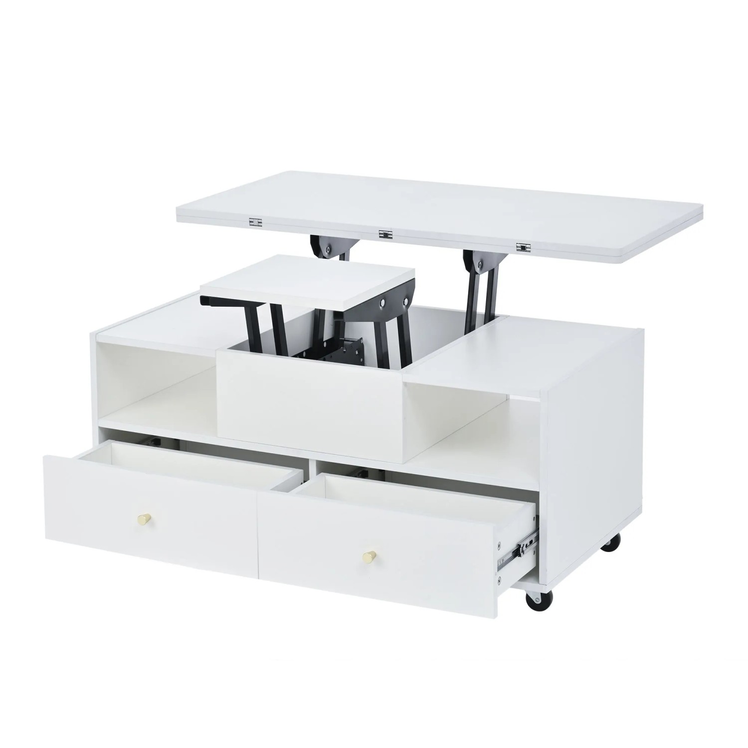 okwish Couchtisch Höhenverstellbar mit Klappfunktion und Universalrollen Weiß 100 × 50 cm