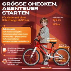 PROMETHEUS BIKES Kinderfahrrad 20 Zoll PRO ab 6 Jahren Ultraleicht 7-Gang Premium Rot Weiß