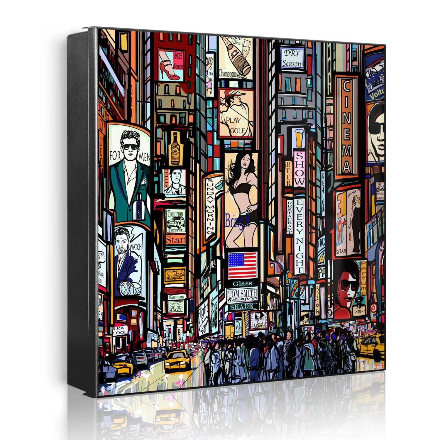 Banjado Großer Schlüsselkasten Metall 30x30cm Schwarz Scharnier Links 50 Haken Beschreibbar Magnetisch Motiv New York Show