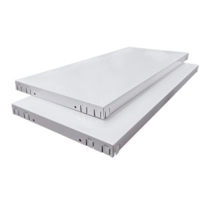 Zwei weiße PowerMAX Fachböden für Schulte Steckregale.