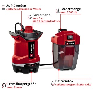 Einhell Akku-Schmutzwasserpumpe GE-DP 18/25 Li-Solo mit Batteriebox, rot/schwarz.