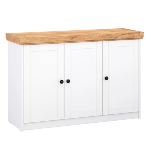 Homestyle4u Sideboard, Eiche/Weiß, 134cm breit, Holzkommode mit 3 Türen und schwarzen Griffen.