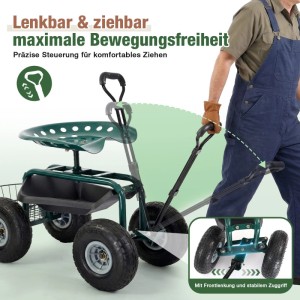 Grüner Sekey Garten Rollsitz mit Luftreifen, lenkbar und ziehbar, von Gärtner gezogen. Perfekt für Ernte und Beetpflege.