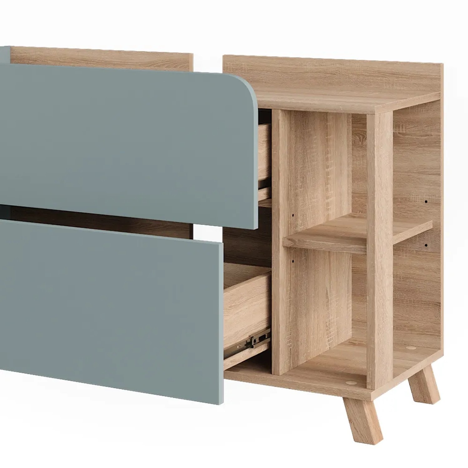 Vicco Waschbeckenunterschrank Karen, Sonoma/Blau, 100 cm breit, mit Schubladen und offenen Fächern.