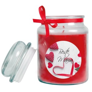 Rote HS Candle Duftkerze im Glas mit "Beste Mama" Motiv und Schleife, ideal zum Muttertag.