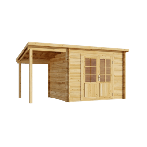 Naturbelassenes Holz-Gartenhaus mit Pultdach, Schleppdach und Doppeltür mit Glas. Modernes, stabiles Gartenhaus.
