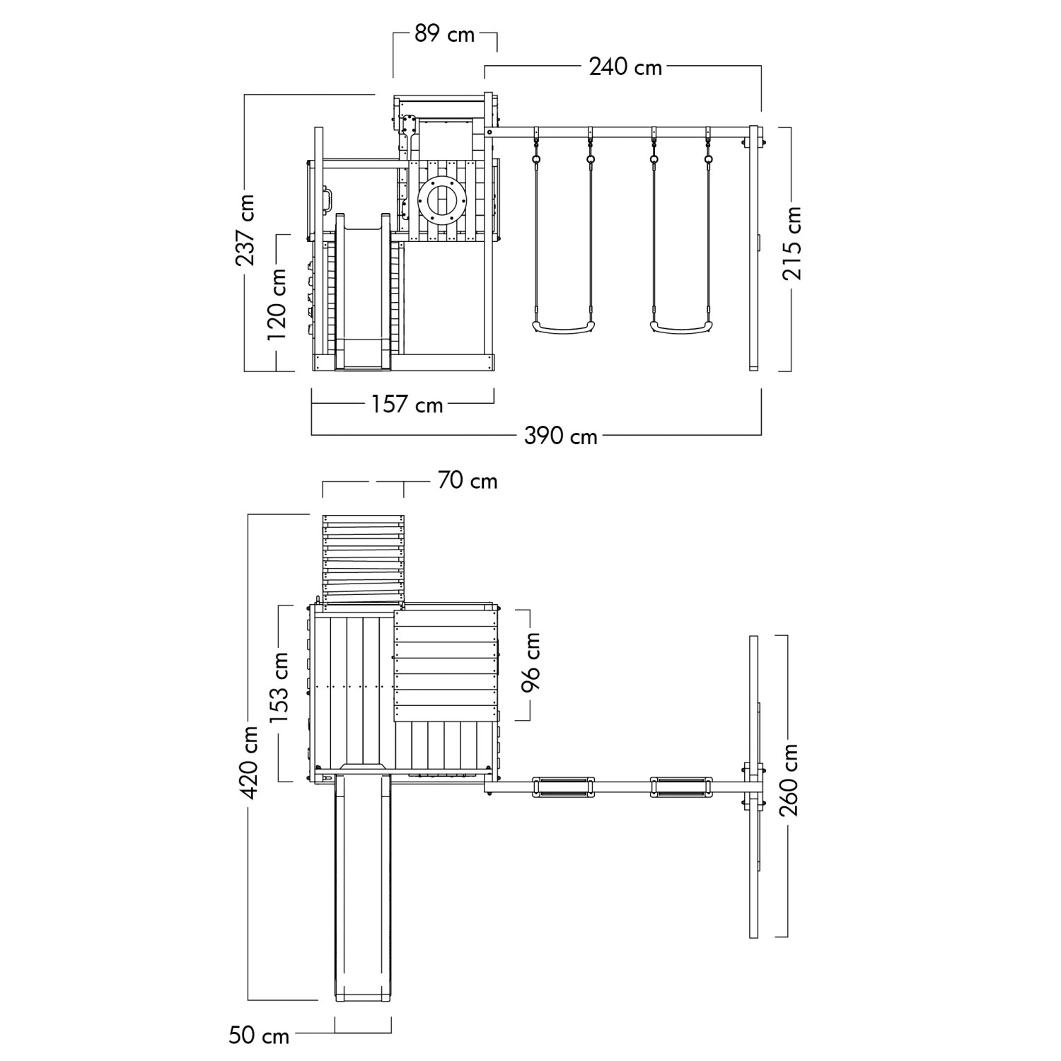 Maße des Wickey Spielturm Smart Camp mit Rutsche in Pastellblau. Details zu Höhe, Breite und Länge.