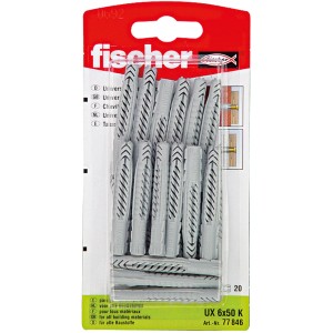 Fischer Universaldübel UX 6x50 K, 20 Stück, geeignet für verschiedene Baustoffe.