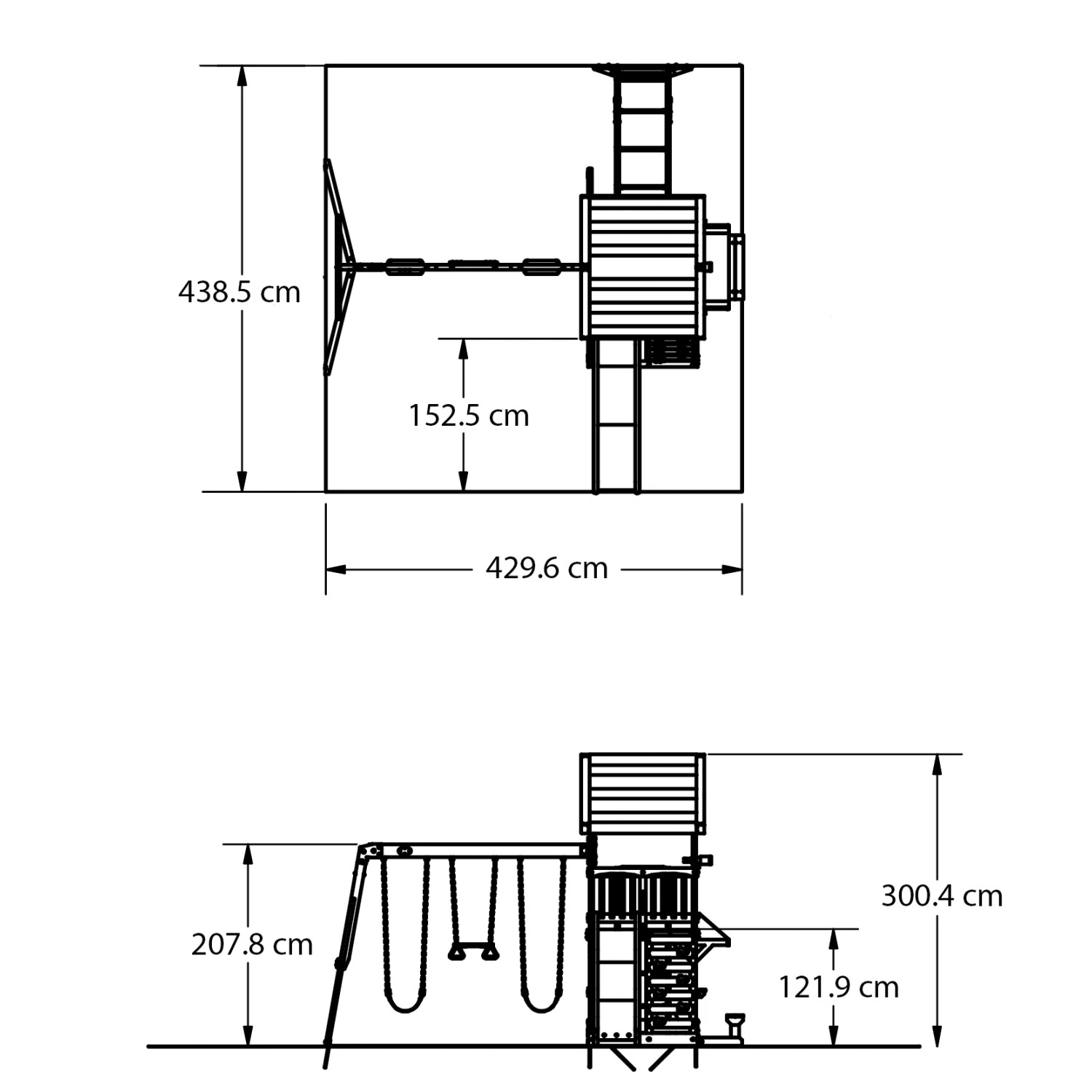 Maße Spielturm Northbrook: 429,6x438,5cm Grundfläche, 300,4cm hoch. Mit Schaukel, Rutsche und Kletterwand.