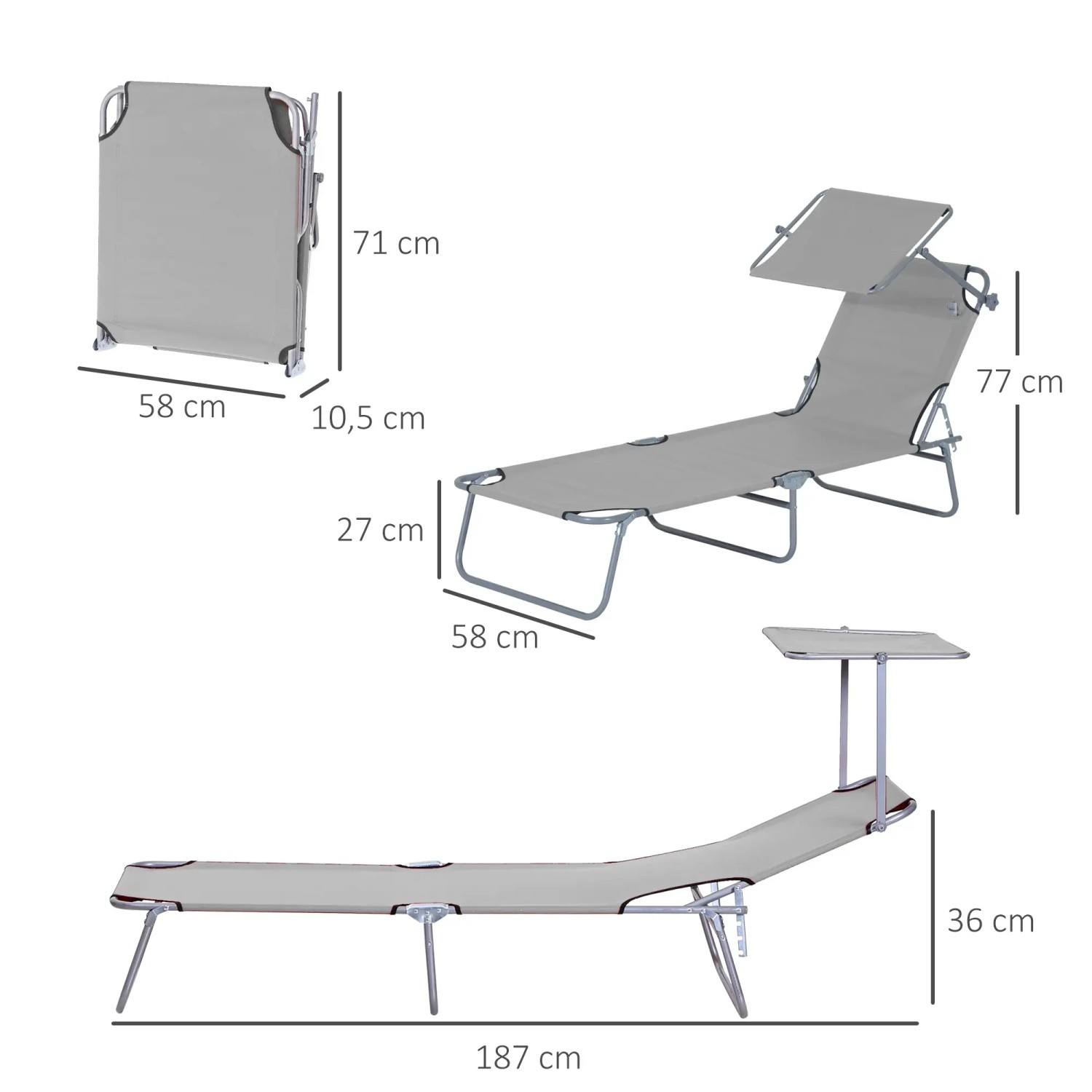 Outsunny Sonnenliege, klappbar, hellgrau, mit Dach, bis 120 kg belastbar. Gartenliege in verschiedenen Positionen.