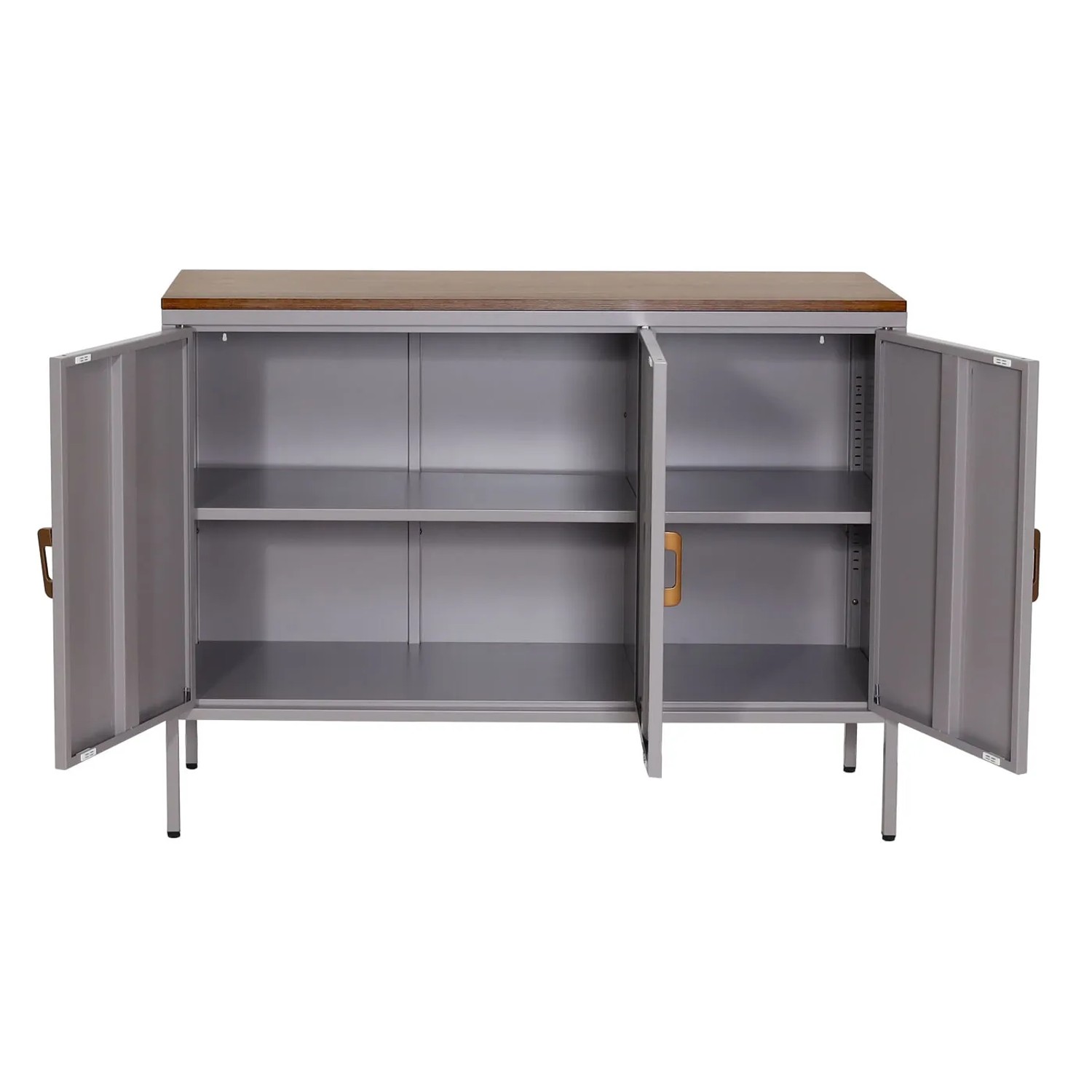 Graue MCW Kommode L84-3 mit Holzplatte, 3 Türen und offenen Fächern.