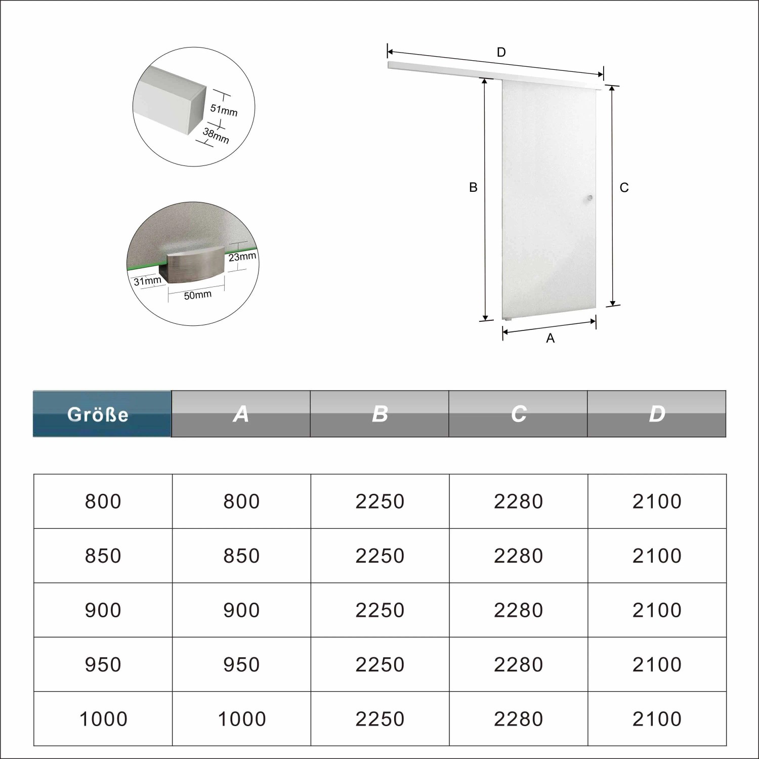 AICA Glasschiebetür 95x225cm, Mattglas, vor der Wand laufend, mit Griffmuschel. Schema mit Maßen.