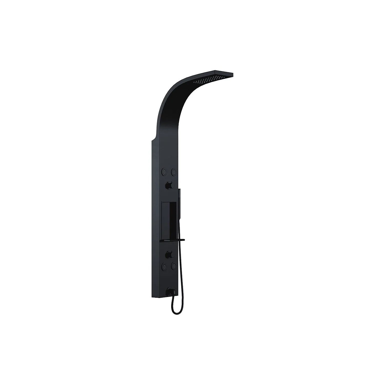 Schwarze Duschsäule Roana matt mit Hydromassage, Kopfbrause, Handbrause und Ablage. Modernes Design, 20 cm.