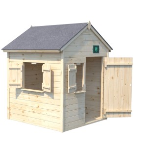 Soulet Kinderspielhaus Janaka aus naturbelassenem Holz mit geöffneter Tür und Fensterläden.