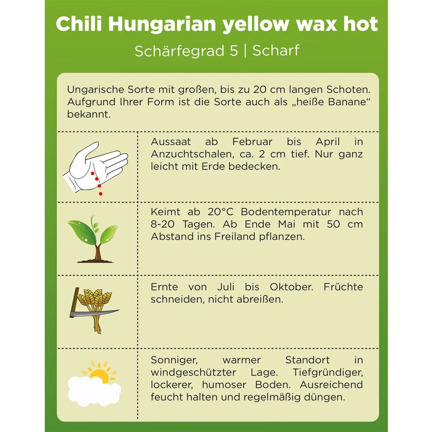 Infografik zu Aussaat, Keimung, Ernte und Standort von "Deine Gartenwelt Chili Hungaria Yellow Wax Hot" Samen.