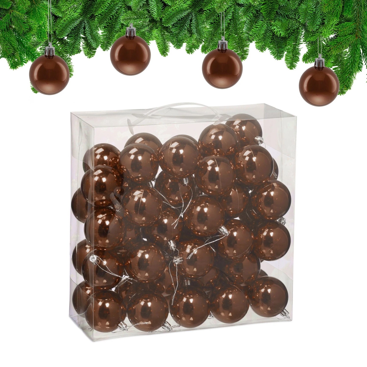 Relaxdays Weihnachtskugeln 50er Set Kunststoff Braun Glänzend 7 cm x ø 6 cm