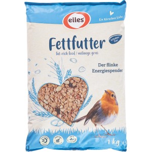 Packung Elles Wildvögel-Fettfutter 1 kg mit Herz-Illustration und Rotkehlchen.
