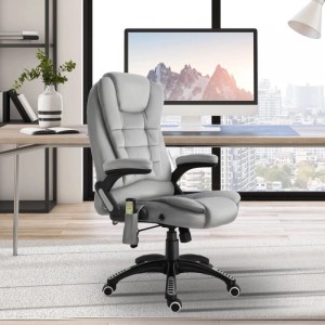Grauer Vinsetto Massagestuhl mit Wärmefunktion im Büro. Höhenverstellbarer Chefsessel mit Fernbedienung.